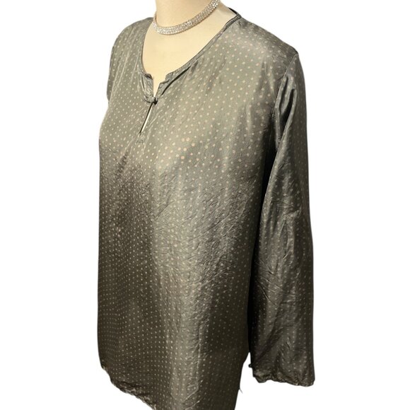 MAIWA Top Blouse Silk Tunic Size Small Green Taupe Polka Dots - Picture 2 of 9